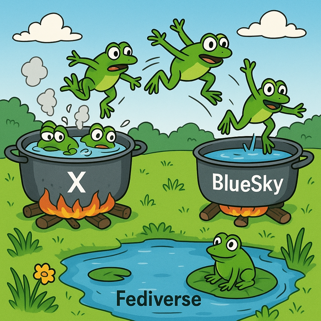 Cartoon met kikkers die uit een kokende pan met label “X” springen naar een tweede pan “BlueSky”, terwijl op de voorgrond een rustige natuurlijke poel ligt met het label “Fediverse”.