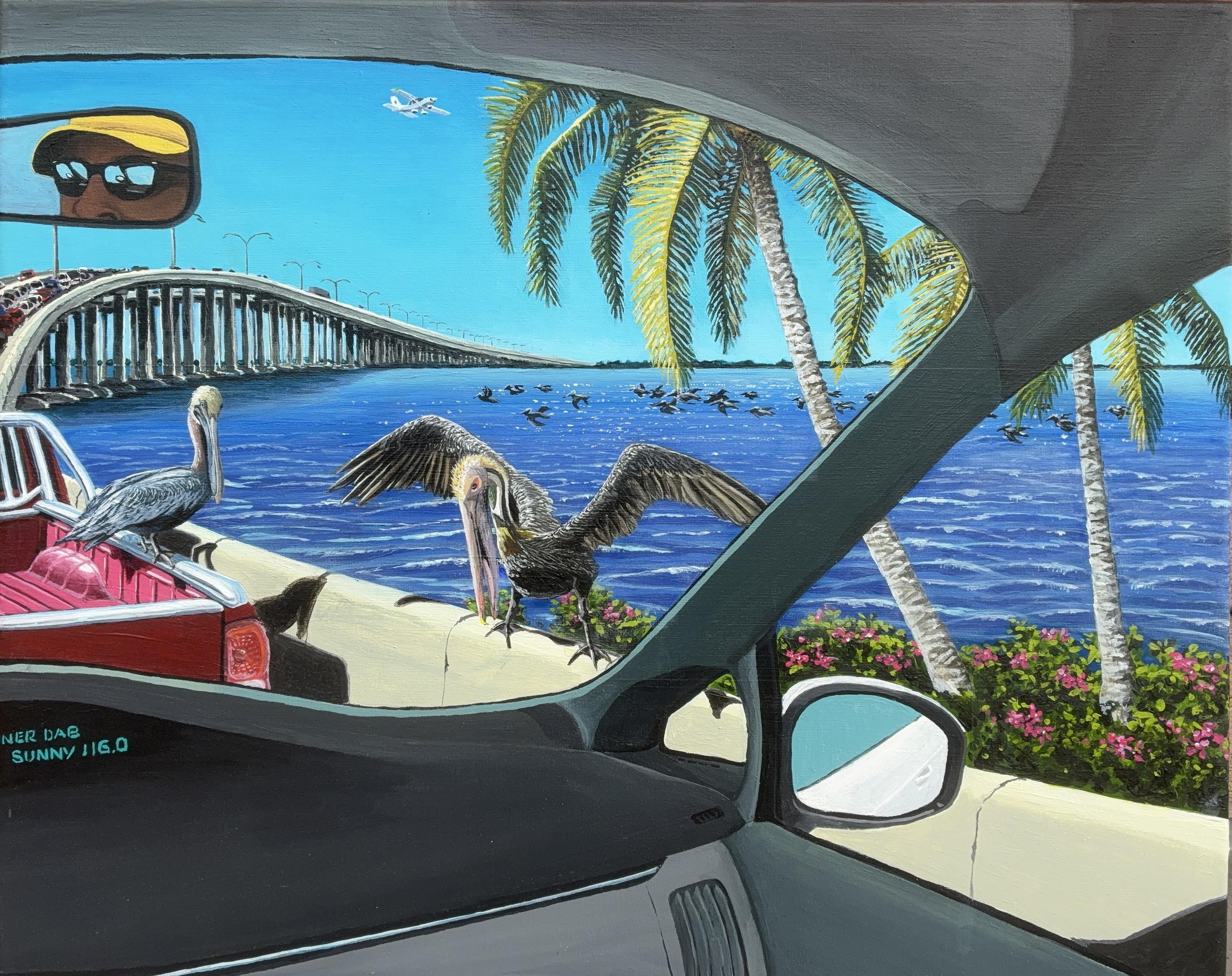 Sicht aus einem Auto im Stau mit Sicht auf eine nach rechts gebogene Brücke irgendwo im Süden. Blauer Wolkenloser Himmel. Hinter der rechten Betonabschrankung der Fahrbahn blühen Hibiscus und es stehen Palmen. Über dem Fluss fliegen Pelikane von rechts nach links. Ein Pelikan sitzt neben dem stehenden Wagen auf der Fahrbahnabschrankung, ein anderer sitzt uf dem Pick-up vor uns. Beide schauen den Fahrer an. Den Fahrer erkennt man nur im Rückspiegel mit Sonnenbrille und gelbem Cap. Erkennt er die Schönheit der Scene?