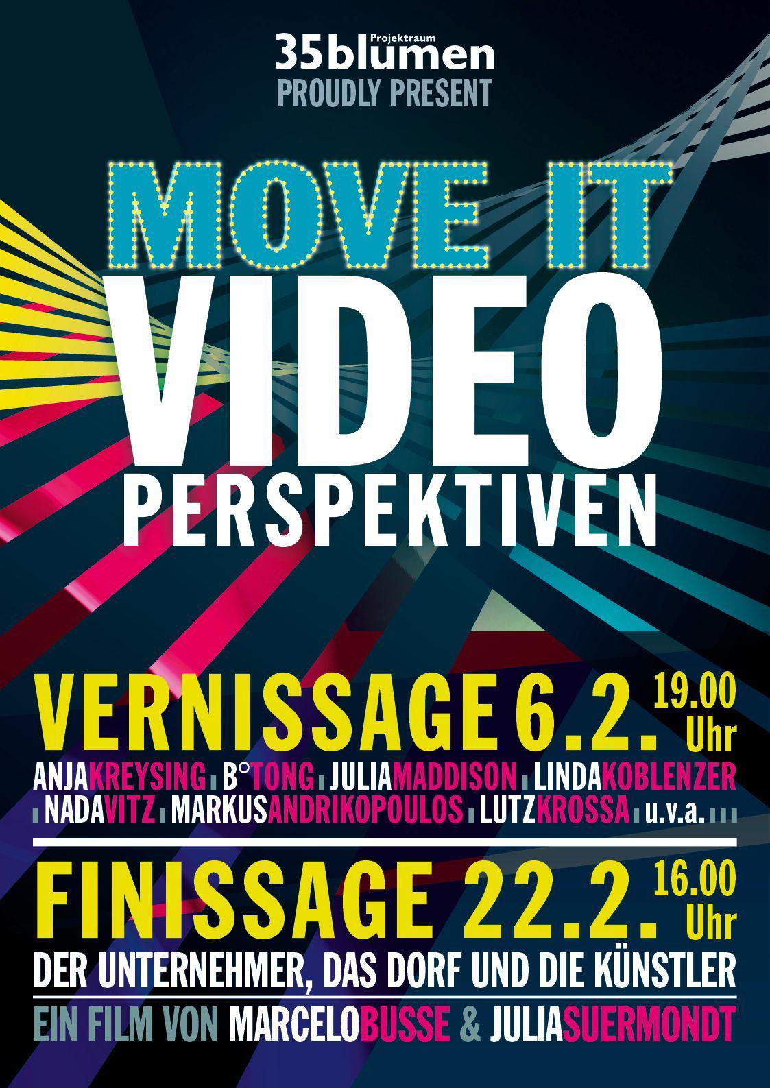 petrol, pink, white and yellow abstract poster with typo, all infos to the video exhibition mentioned in caption.