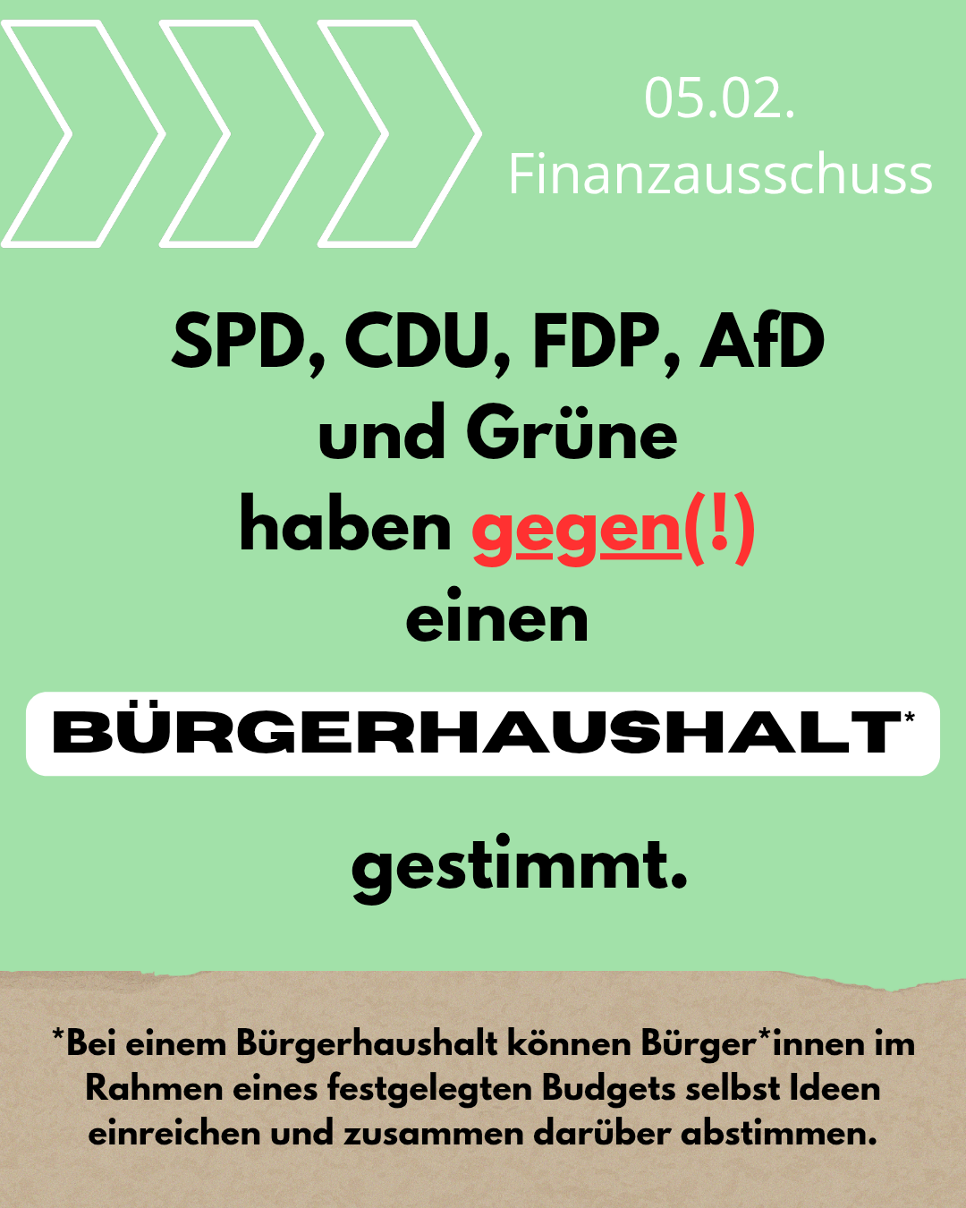 SPD, CDU, FDP, AfD und Grüne
haben gegen(!) einen BÜRGERHAUSHALT
gestimmt.
*Bei einem Bürgerhaushalt können Bürger*innen im
Rahmen eines festgelegten Budgets selbst Ideen
einreichen und zusammen daritber abstimmen.
