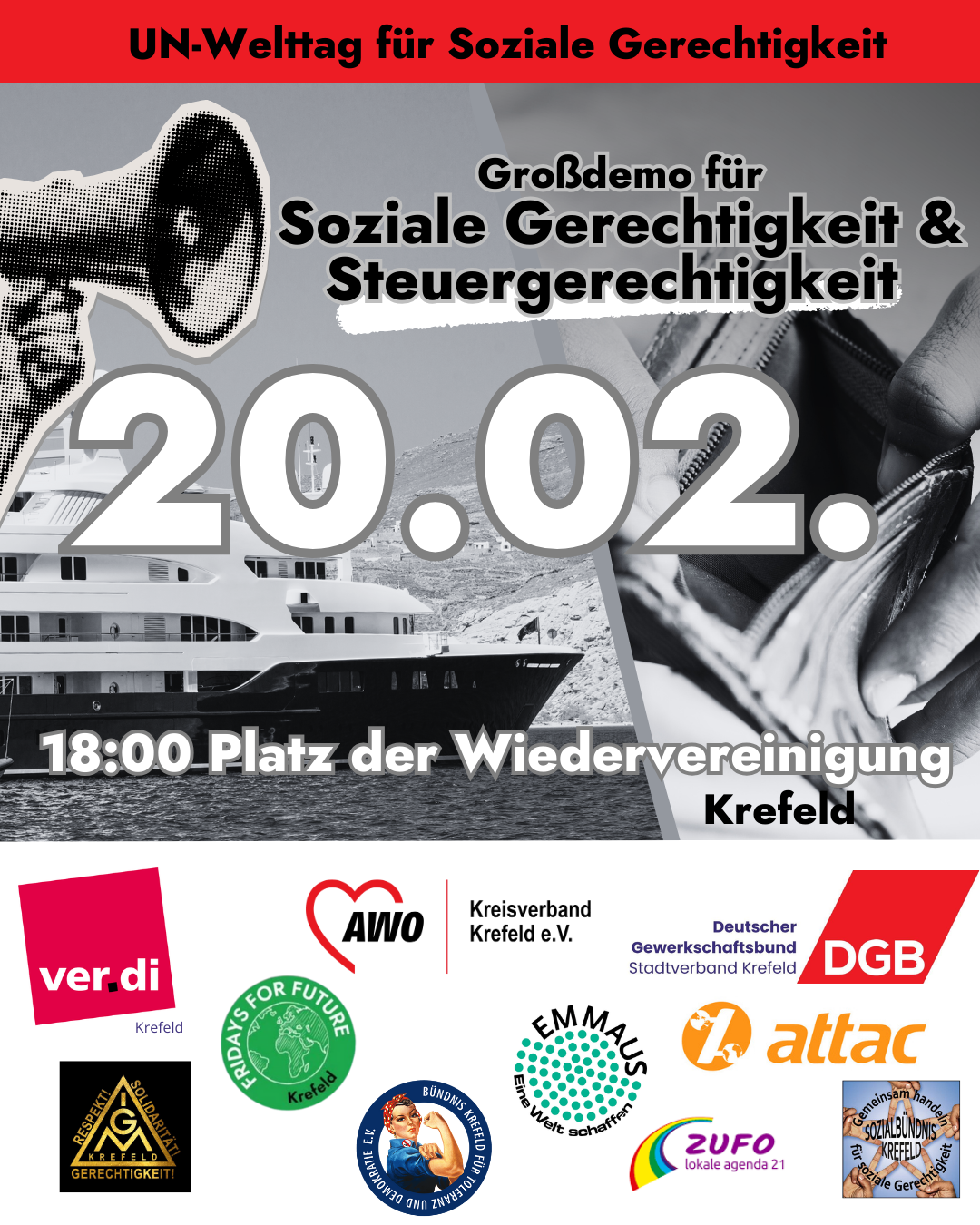 Sharepic mit allen Aufrufenden Organisationen (Logos), Datum und Ort siehe Text; im Hintergrund Yacht und leerer Geldbeutel