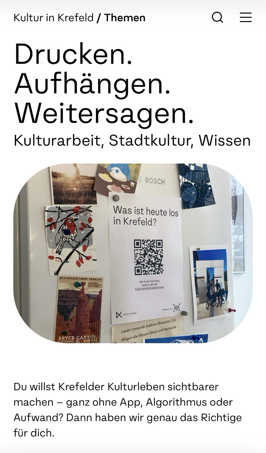 Das Plakat „Was ist heute los in Krefeld?” mit QR-Code und Link zu kulturinktrefeld.de/termine