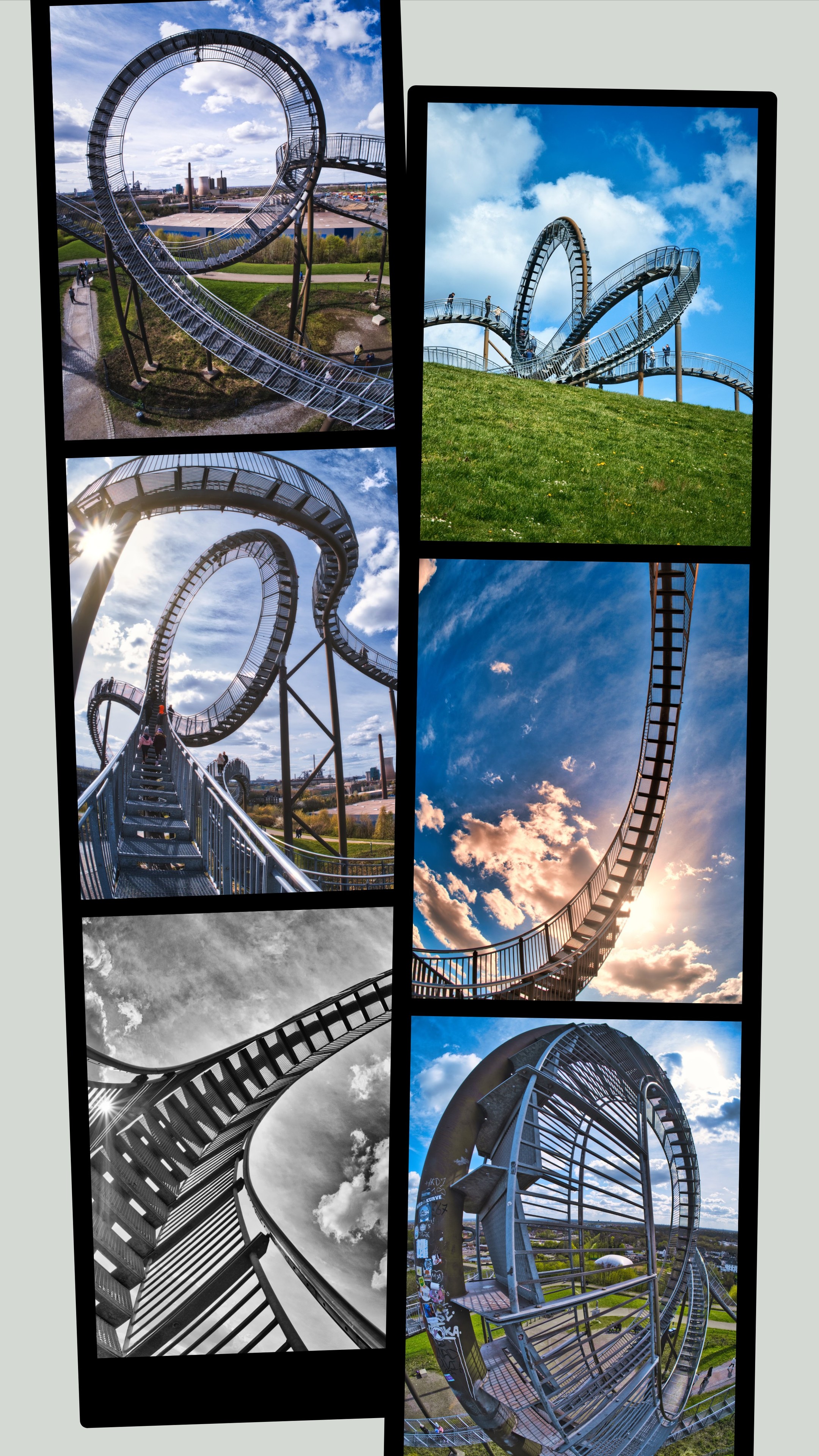 Collage von 6 Fotos, die eine gewundene Stahlstruktur zeigen, die aus einer Treppe mit Geländern besteht. Prominent im allen Bildern ist dem (leider nicht begehbare) Looping in der Mitte vertreten.
