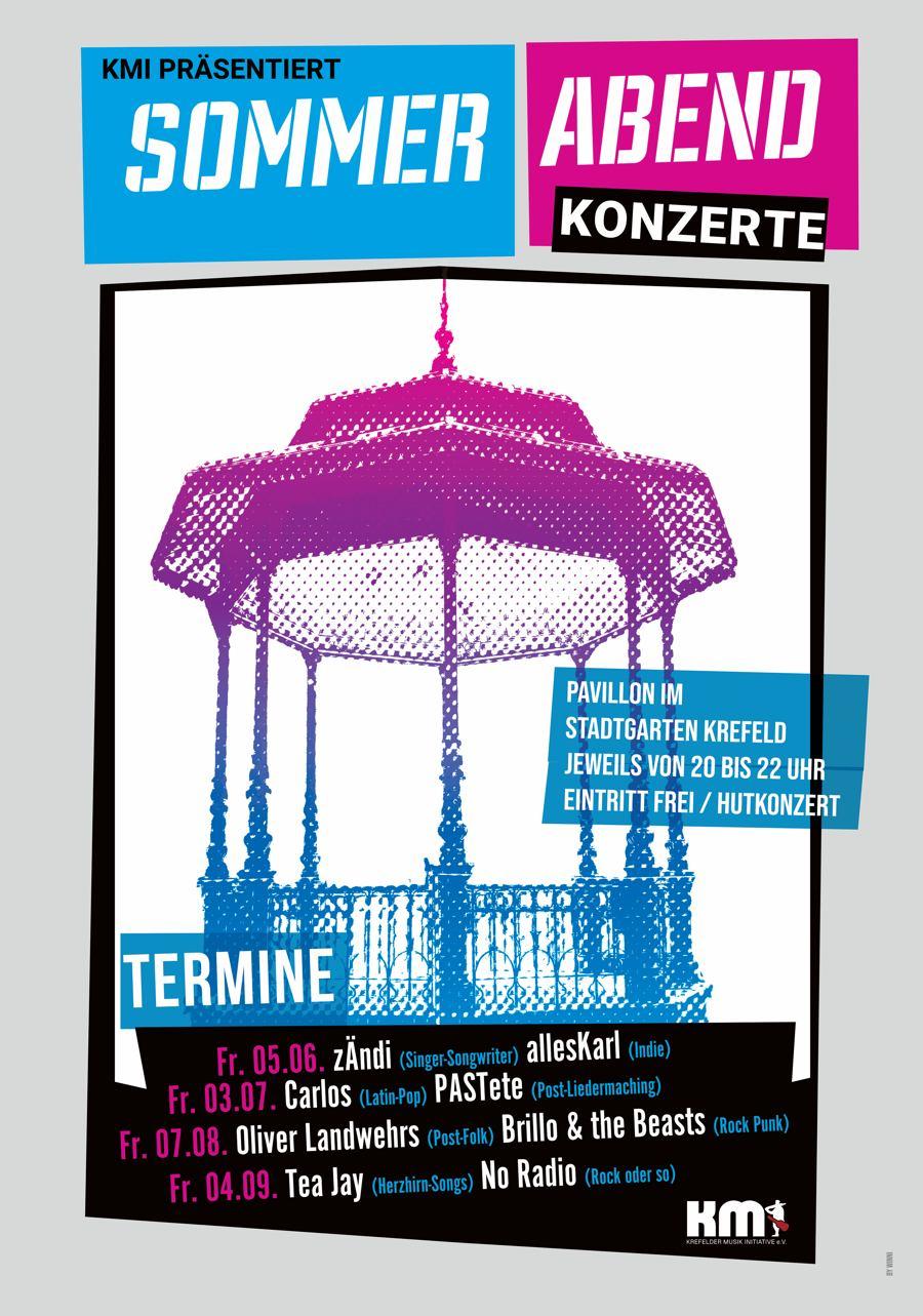 Es handelt sich um ein Plakat für Konzerte. In der Mitte ist ein Historischer Pavillion stilisiert abgebildet. Darunter sind die Termine der Veranstaltungen für 2026. 
5.6.2026 zÄndi & alles Karl
3.7.2026 Carlos &PASTete