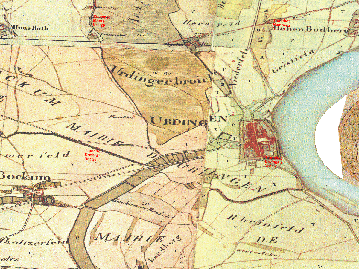 Historische Karte: Krefeld-Uerdingen, aufgenommen 1801–1828 (Tranchot-Karte). Quelle: Geobasis NRW, Datenlizenz Deutschland Zero 2.0.
