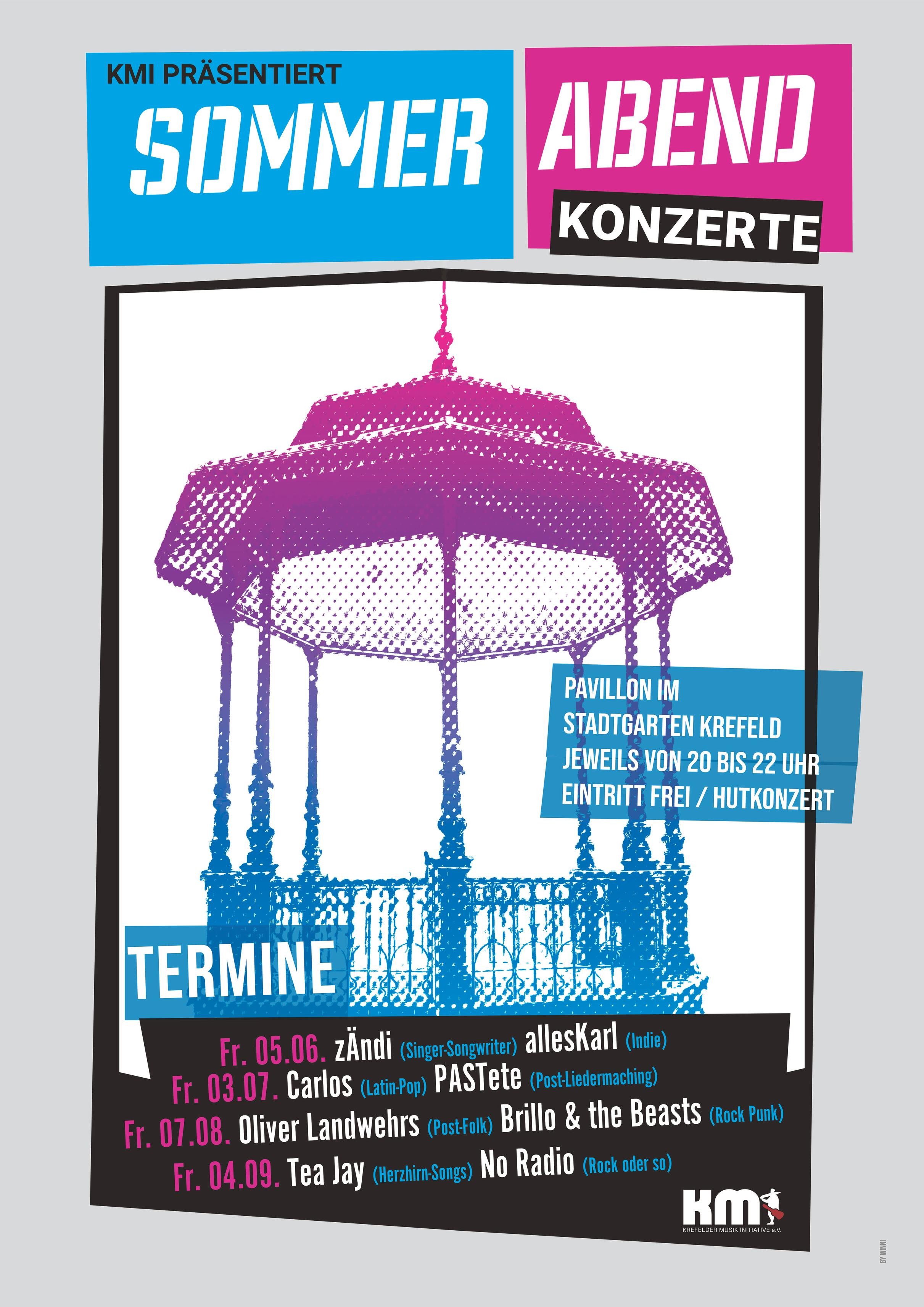 Zusehen ist der Musikpavillion vom Stadtgarten, auf dem die Bands auftreten werden.
Unten drunter stehen die anstehenden Termine für dieses Jahr. Immer der 1. Freitag im Juni, Juli, August und September. Immer 20-22 Uhr