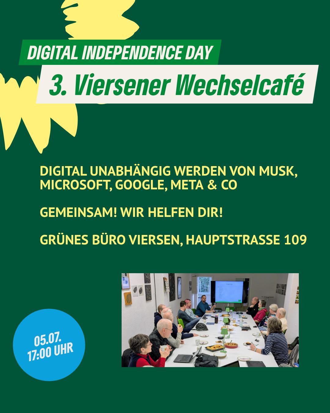 Das SharePic zum 3. Viersener Wechselcafé mit einem Foto eines vorherigen Treffens, lange Tafel mit Getränken, Kaffee und Kuchen, einem großen Bildschirm vor Kopf und zahlreichen Besuchern. Der Aufruf-Text lautet: 