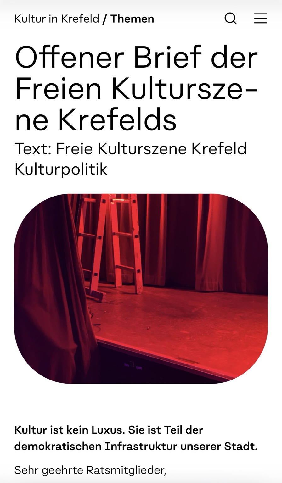 Aufmacher des Offenen Briefs der Freien Kulturszene Krefelds auf kulturinkrefeld.de