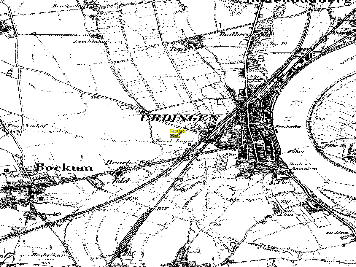 Historische Karte: Krefeld-Uerdingen, aufgenommen 1891–1912 (Preußische Neuaufnahme). Quelle: Geobasis NRW, Datenlizenz Deutschland Zero 2.0.