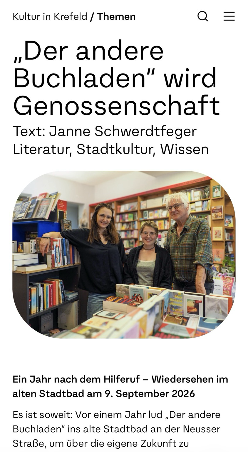 Titel zum Breitrag über die Gründung der Genossenschaft des „Der andere Buchladen” auf kulturinkrefeld.de