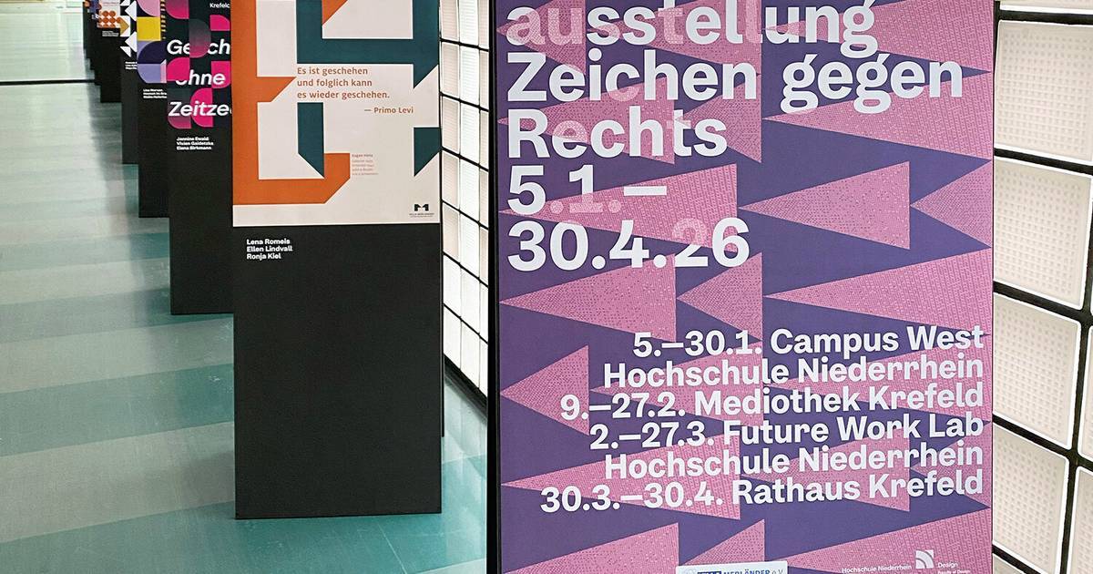Mit der Wanderausstellung „Zeichen gegen Rechts“ präsentieren der Fachbereich Design der Hochschule Niederrhein (HSNR), der Förderverein Villa Merländer und die NS-Dokumentationsstelle der Stadt Krefeld die Ergebnisse einer besonderen Kooperation.