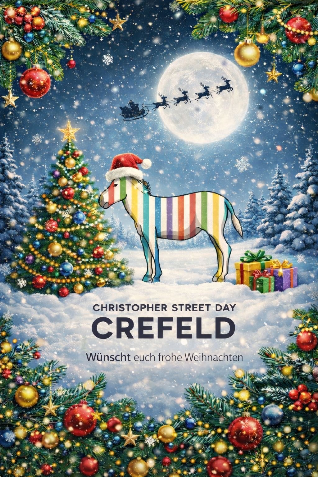 Das Krefelder CSD Zebra steht mit Weihnachtsmütze in der winterlichen Weihnachtslandschaft mit Tannenbaum und vielen bunten Kugeln.