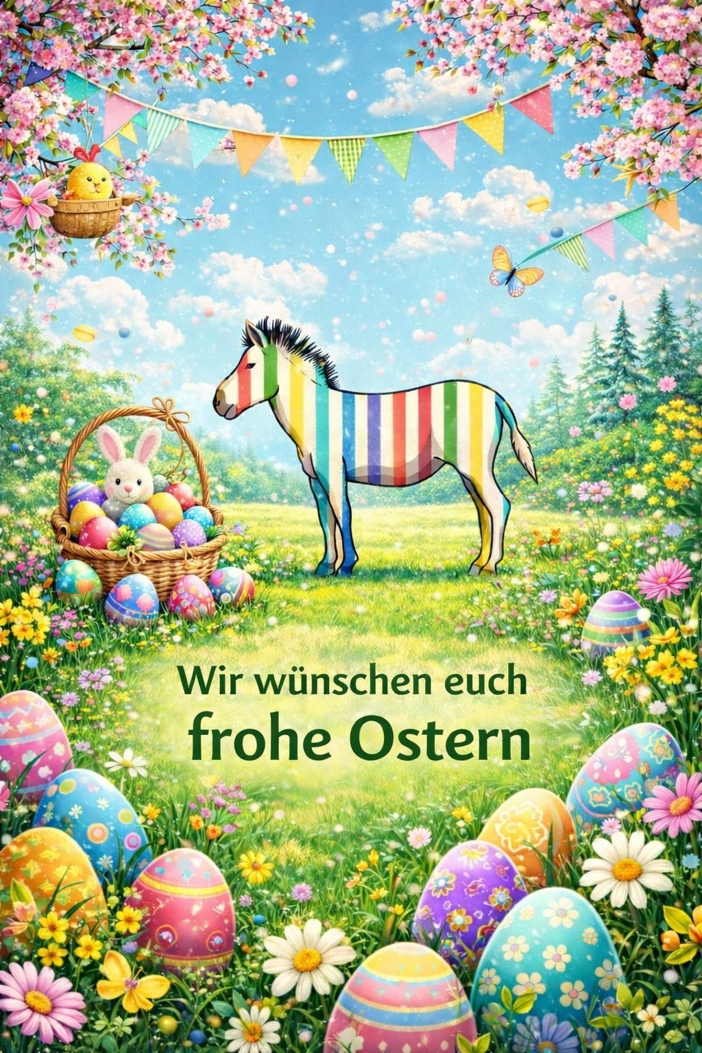 Buntes Zebra auf einer Frühlingswiese mit Ostereiern.