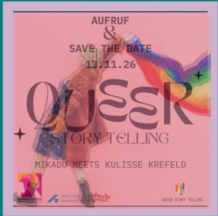 Plakat mit den Infos die schon im Text stehen. Darüberhinaus sieht man eine unscharf Figur eine Regenbogenfahne schwingen.