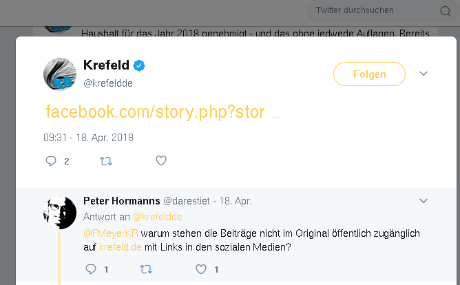 Facebook-Link der Stadt Krefeld auf Twitter