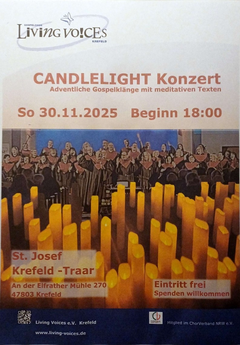 Plakat mit den Informationen zum Konzert. Das Bild zeigt im Vordergrund viele Kerzen, im Hintergrund Sängerinnen und Sänger in ihrer Chorkleidung  